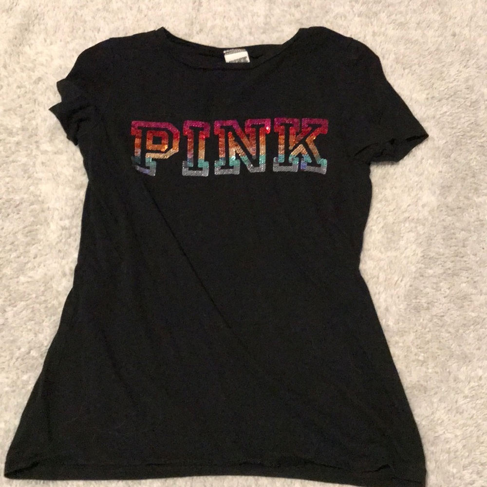 black PINK t shirt with rainbow sequins